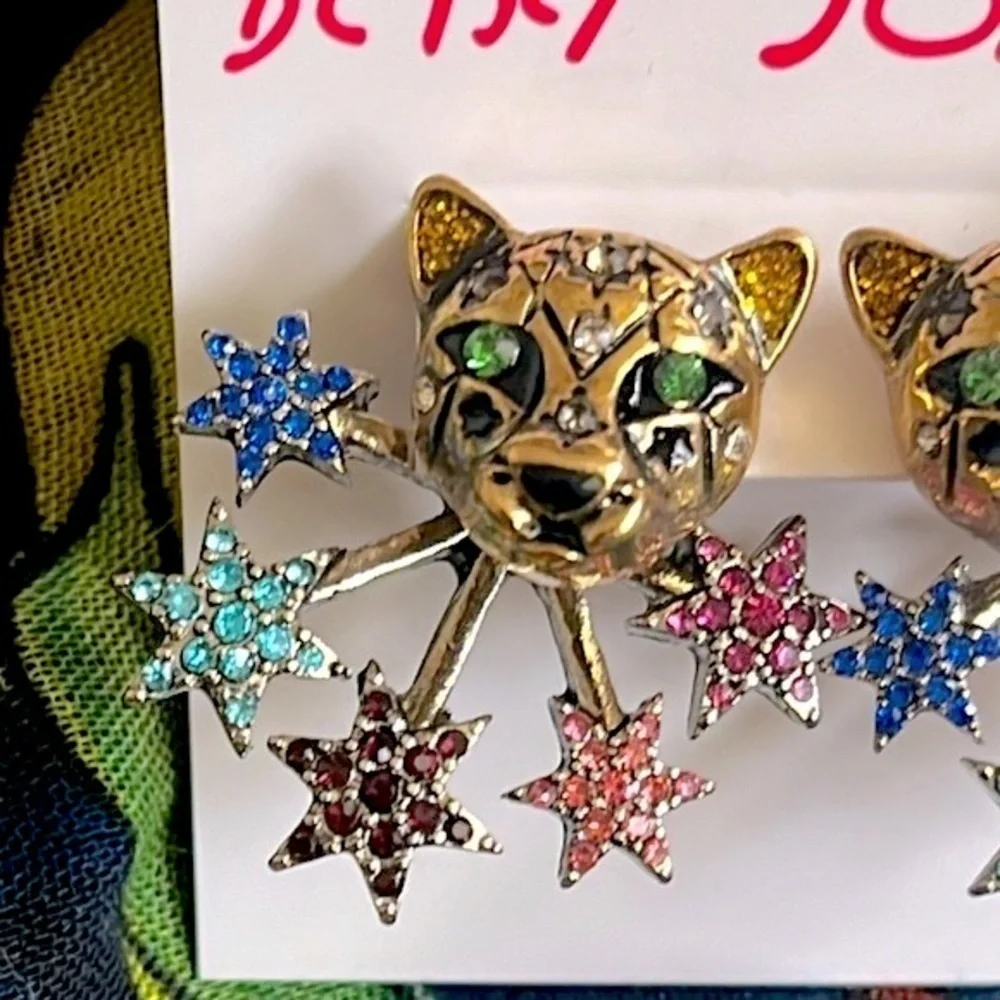 Brand New Betsey Johnson Leopard Colorful Stars Front Back Post Earrings Jungle - Picture 4 of 9